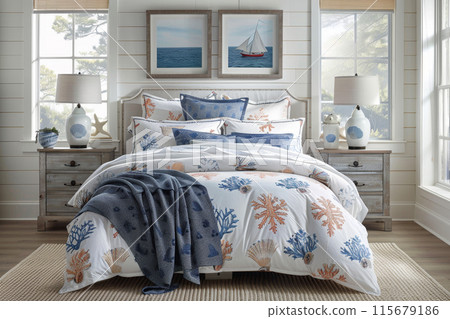 A bed with a blue and white comforter with shells on it A bed with a blue and white comforter with shells on it 115679186