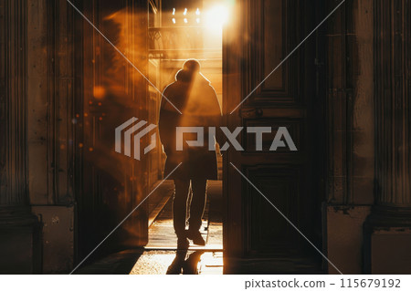 A man walks through a doorway in a dimly lit room A man walks through a doorway in a dimly lit room 115679192