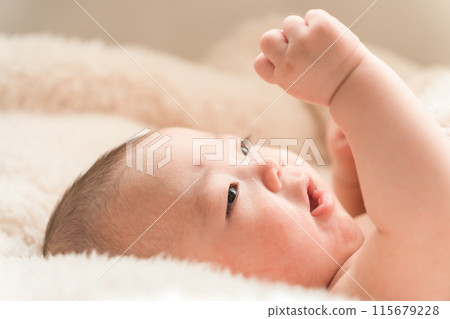 嬰兒睡在蓬鬆的毯子上 嬰兒睡在蓬鬆的毯子上 115679228
