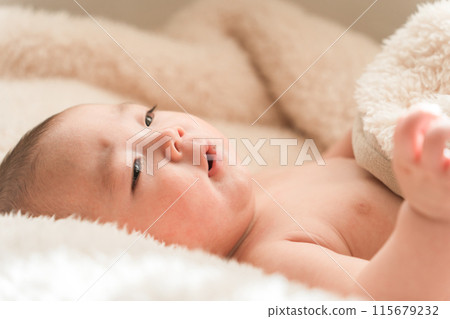 嬰兒睡在蓬鬆的毯子上 嬰兒睡在蓬鬆的毯子上 115679232