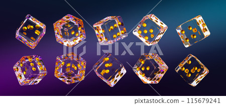 Casino game glass gold dice isolated 3d render icon set. Transparent crystal gambling cubes with golden dots on neon background. Poker, backgammon or craps lucky die roll, sport bet. 3D illustration 115679241