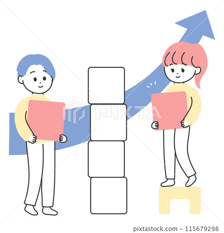 Illustration of a man and woman stacking building blocks Illustration of a man and woman stacking building blocks 115679298