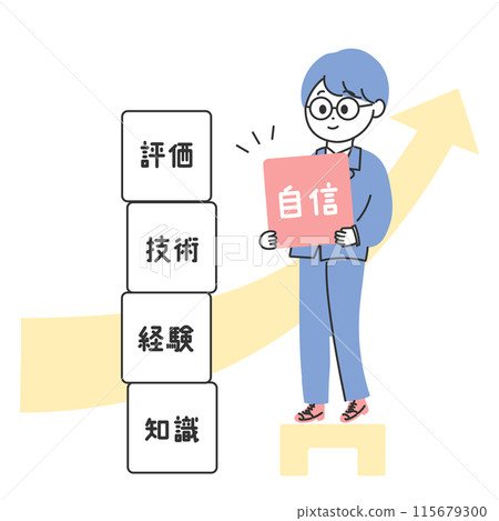 Illustration of a man in a suit stacking building blocks of web evaluation, skill, experience, knowledge, and confidence Illustration of a man in a suit stacking building blocks of web evaluation, skill, experience, knowledge, and confidence 115679300