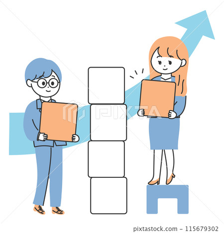 Illustration of a man and woman stacking building blocks 115679302