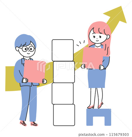 Illustration of a man and woman stacking building blocks Illustration of a man and woman stacking building blocks 115679303