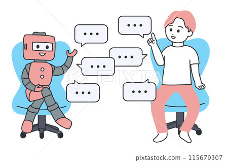 Illustration of a young man conversing with a robot Illustration of a young man conversing with a robot 115679307