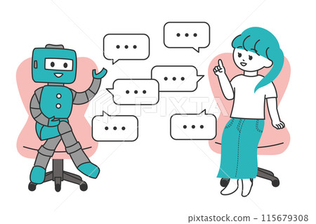 Illustration of a young woman conversing with a robot Illustration of a young woman conversing with a robot 115679308