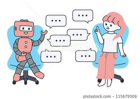 Illustration of a young woman sitting in a chair and talking to a robot Illustration of a young woman sitting in a chair and talking to a robot 115679309