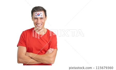 Man standing with south korean flag painted on face smiling 115679360