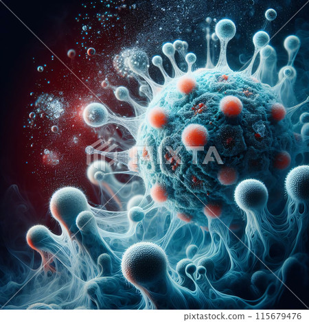 A large, glowing, red and blue virus is floating in the air 115679476