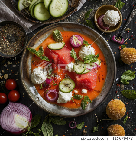 Refreshing Watermelon Gazpacho with Mozzarella Accents 115679478
