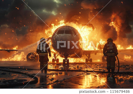 firefighters extinguish a plane that caught fire on the runway. The plane is on fire 115679486
