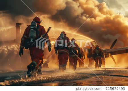 Brave Firefighters Douse Flames on Aircraft 115679493