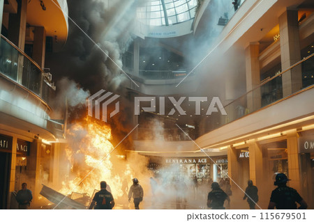 Fire in multi-level shopping center. Inside view. People are running towards exit in panic 115679501