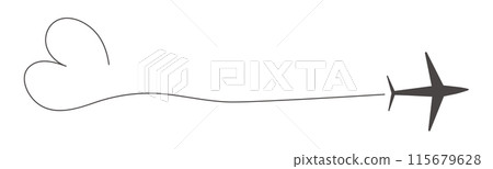 Itinerary dashed trace heart shape, line airplane flight, dotted path, romantic aircraft tracking simple minimal trip isolated on white background. Plan with start point. Tattoo 115679628