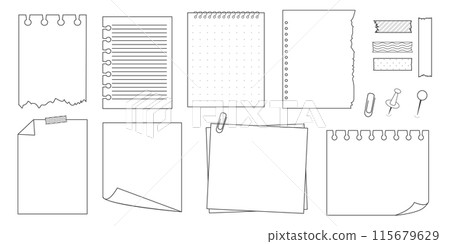 Memo sticky note reminder sheet paper. Doodle paper frame, check list with pin, tape, paperclip elements. Set cute notes, office or school messages. 115679629