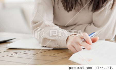 A woman studying for a qualification at home A woman studying for a qualification at home 115679819