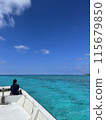 Blue sea of coral reef, people on a boat, portrait 115679850