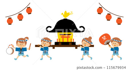 Japanese summer festival: illustration of children carrying a portable shrine 115679934