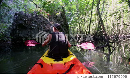 Kayaker rows with paddle close to cliff and tree branches Kayaker rows with paddle close to cliff and tree branches 115679996
