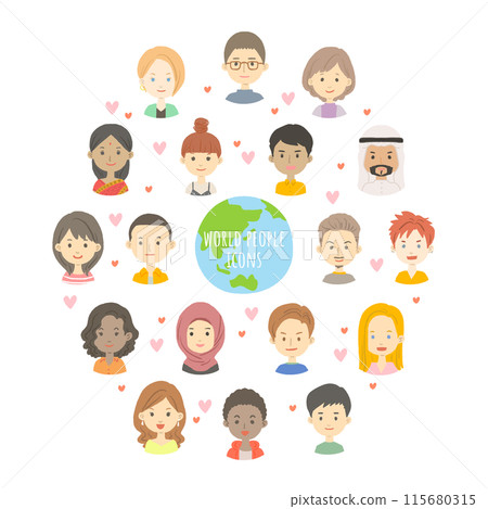 世界各地人們面孔的圖標插圖集 115680315