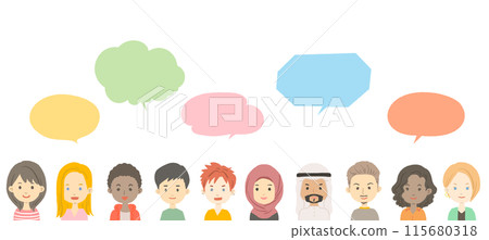 Illustration of people's faces and speech bubbles around the world Illustration of people's faces and speech bubbles around the world 115680318