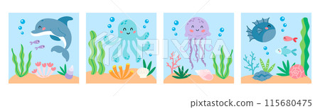 Set of cute cartoon sea animal square illustration. Dolphin, octopus, jellyfish and fish characters. Undersea, marine life kid print, posters. Vector illustration 115680475