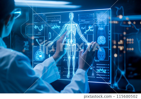 A doctor carefully examines a virtual x-ray projection with focused attention. The integration of advanced technology in medical diagnostics. Generative AI. A doctor carefully examines a virtual x-ray projection with focused attention. The integration of advanced technology in medical diagnostics. Generative AI. 115680502