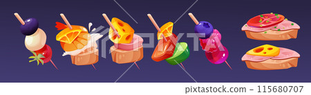 Appetizer snacks set isolated on black 115680707