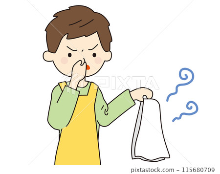 Illustration of a man making a disgusted face at smelly laundry, color 115680709