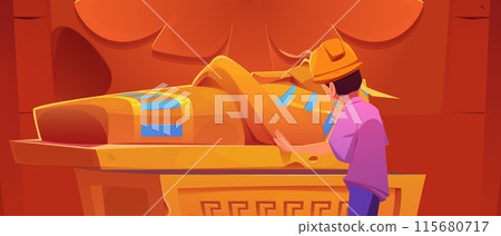 Boy open ancient egyptian sarcophagus in temple Boy open ancient egyptian sarcophagus in temple 115680717