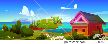 Cute wooden house on shore of sea or lake. Cute wooden house on shore of sea or lake. 115680763