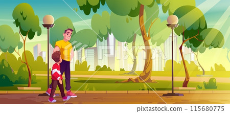Father and son in city park garden cartoon vector 115680775