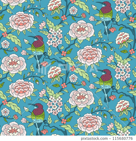 Seamless pattern with colorful chinoiserie hand drawn flowers and birds motifs Seamless pattern with colorful chinoiserie hand drawn flowers and birds motifs 115680776