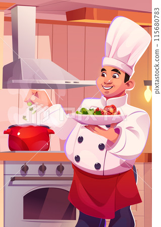 Chef cook food with kitchen equipment cartoon 115680783