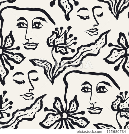 Black and white brush strokes ink wash flowers and female faces seamless pattern 115680784