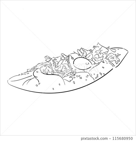 khachapuri drawing. traditional boat pie with cheese and egg hand drawn isolated on white. Ajarian or georgian . bakery vector sketch in vintage engraved style. rustic pastry illustration. for design 115680950