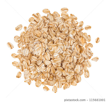 Oat flakes heap in isolated on white background with full depth of field. Top view. Flat lay Oat flakes heap in isolated on white background with full depth of field. Top view. Flat lay 115681001
