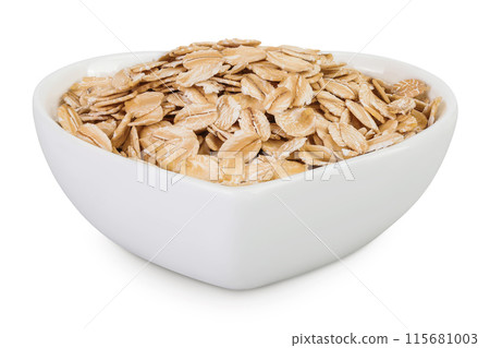 Oat flakes in ceramic bowl isolated on white background with full depth of field 115681003