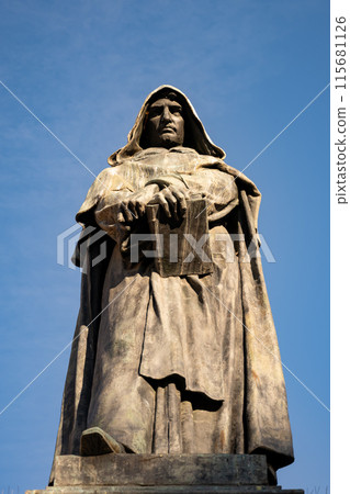 The Monument to Giordano Bruno, a bronze statue of the Italian philosopher and Dominican friar, located in Campo de Fiori, Rome. The statue depicts Bruno standing with a book in his hand. 115681126