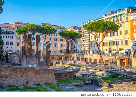 A view of the ancient Roman ruins at Argentina Tower Square, Italian: Largo di Torre Argentina, Rome, Italy. The ruins are surrounded by modern buildings and trees. 115681135