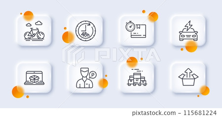 Online delivery, Cardboard box and Car charging line icons pack. 3d glass buttons with blurred circles. Boxes pallet, Send box, 48 hours web icon. Valet servant, Bike pictogram. Vector Online delivery, Cardboard box and Car charging line icons pack. 3d glass buttons with blurred circles. Boxes pallet, Send box, 48 hours web icon. Valet servant, Bike pictogram. Vector 115681224
