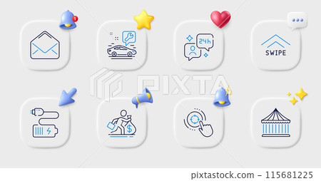 Consulting, Swipe up and Car service line icons. Buttons with 3d bell, chat speech, cursor. Pack of Mail, Battery, Salary icon. Carousels, Seo target pictogram. For web app, printing. Vector Consulting, Swipe up and Car service line icons. Buttons with 3d bell, chat speech, cursor. Pack of Mail, Battery, Salary icon. Carousels, Seo target pictogram. For web app, printing. Vector 115681225
