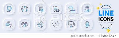Fast food, Reject certificate and Messenger mail line icons for web app. Pack of Success, Artificial colors, Fair trade pictogram icons. Loyalty program, Broken heart, Inclusion signs. Vector Fast food, Reject certificate and Messenger mail line icons for web app. Pack of Success, Artificial colors, Fair trade pictogram icons. Loyalty program, Broken heart, Inclusion signs. Vector 115681237