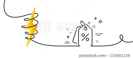 Discount tags line icon. Continuous one line with curl. Sale offer sign. Promotion price symbol. Discount tags single outline ribbon. Loop curve with energy. Vector Discount tags line icon. Continuous one line with curl. Sale offer sign. Promotion price symbol. Discount tags single outline ribbon. Loop curve with energy. Vector 115681239