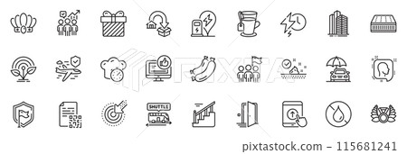Icons pack as Tea, Swipe up and Incubator line icons for app include No waterproof, Crown, Mattress outline thin icon web set. Car insurance, Sausage, Surprise pictogram. Door. Vector 115681241