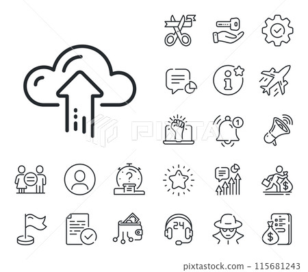 Internet data storage sign. Salaryman, gender equality and alert bell outline icons. Cloud computing upload line icon. File hosting technology symbol. Cloud upload line sign. Vector 115681243