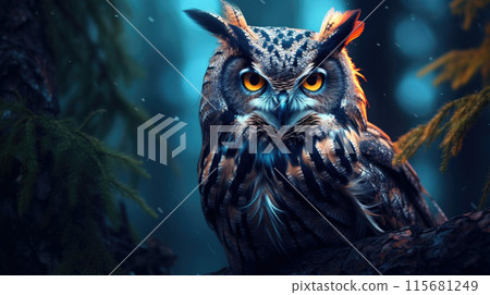 An Eurasian Eagle Owl staring at something out of shot in a woodland setting 115681249