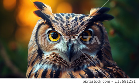 An Eurasian Eagle Owl staring at something out of shot in a woodland setting An Eurasian Eagle Owl staring at something out of shot in a woodland setting 115681251