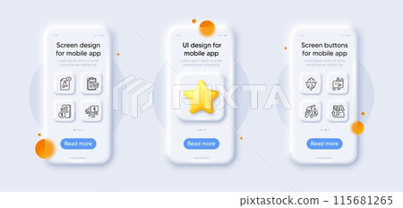 Cash transit, Money and Survey checklist line icons pack. 3d phone mockups with star. Glass smartphone screen. Money change, Journey path, Resume document web icon. Vector 115681265